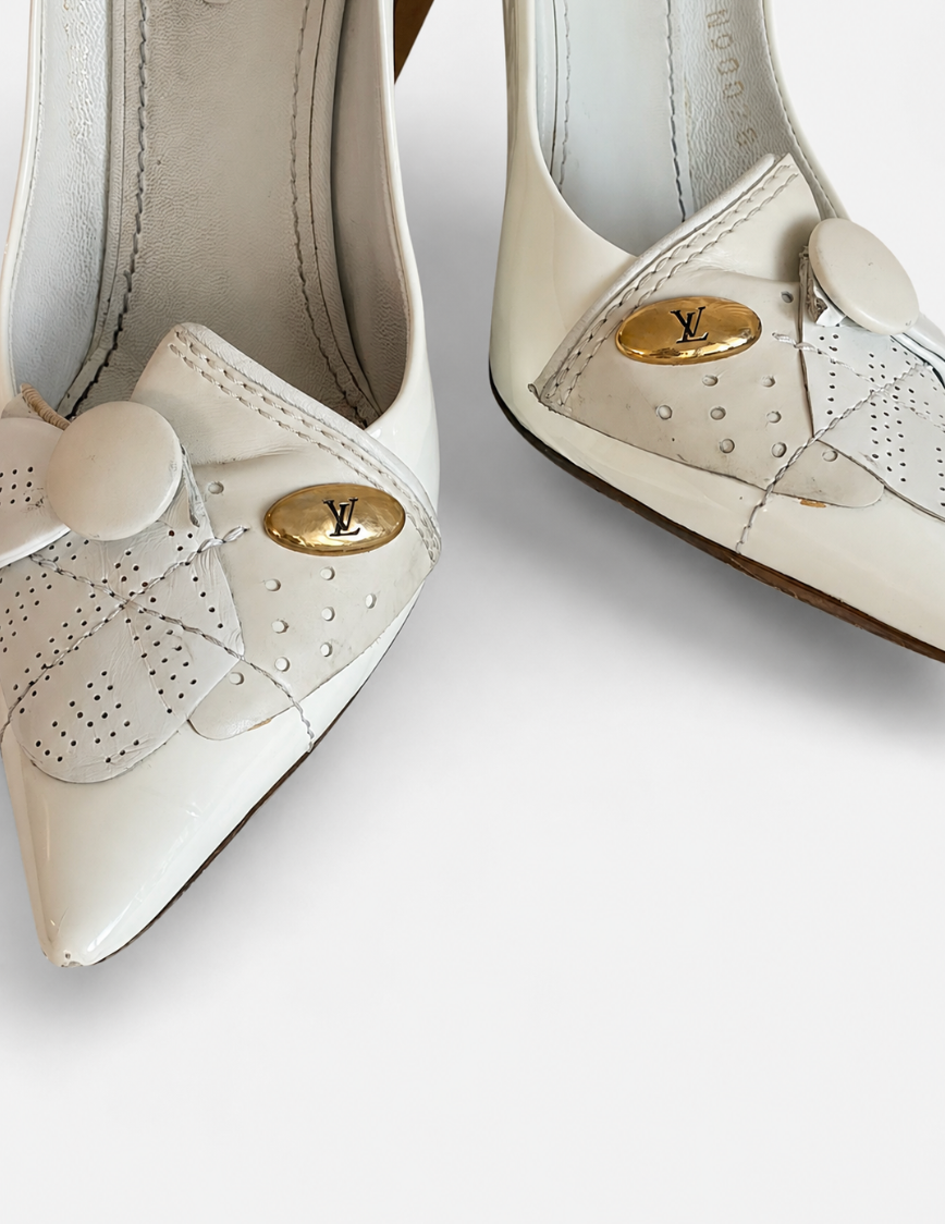 Louis Vuitton White Patent Perforated Kiltie Pumps, Size 38.5