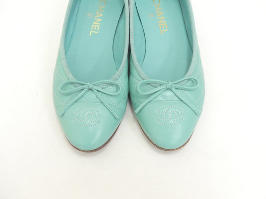 Chanel Mint Quilted Lambskin CC Ballet Flats Size 37.5