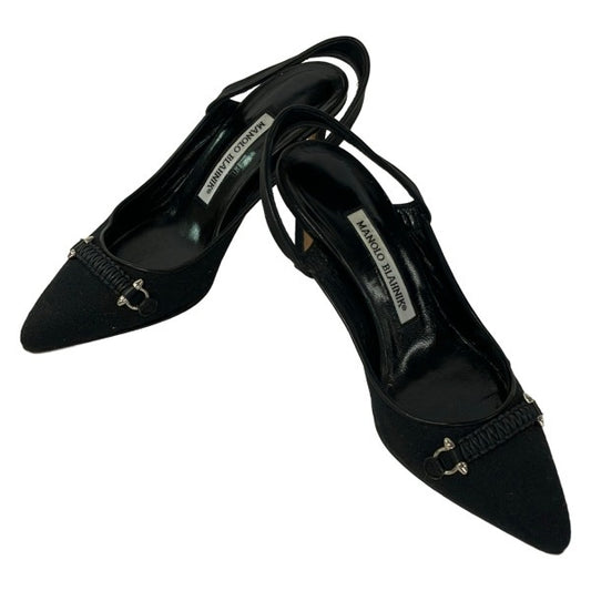 Manolo Blahnik Slingback Kitten Heels Black Canvas, Size 36