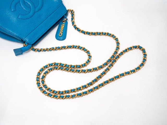 1990s Chanel Blue Caviar Timeless CC Chain Shoulder Bag