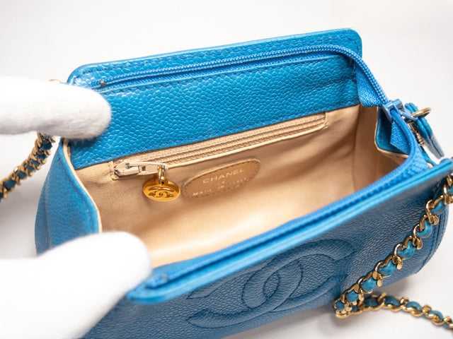 1990s Chanel Blue Caviar Timeless CC Chain Shoulder Bag