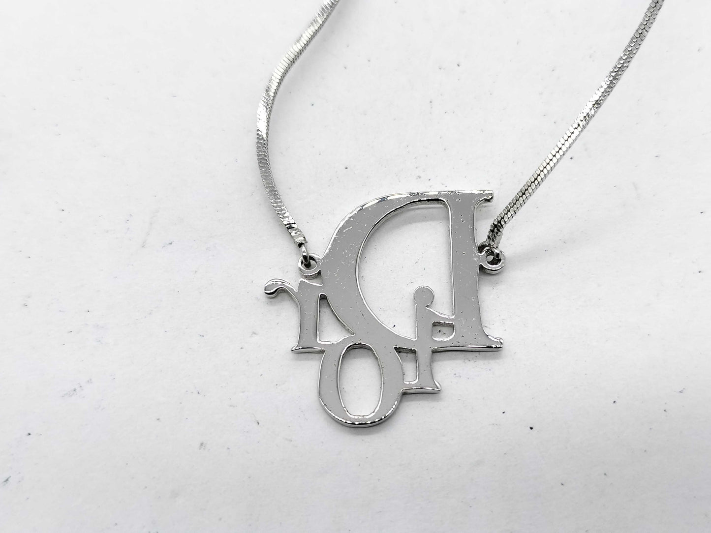 2000s Christian Dior Silver Tone Logo Plate Necklace