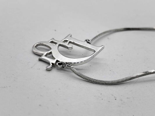 2000s Christian Dior Silver Tone Logo Plate Necklace