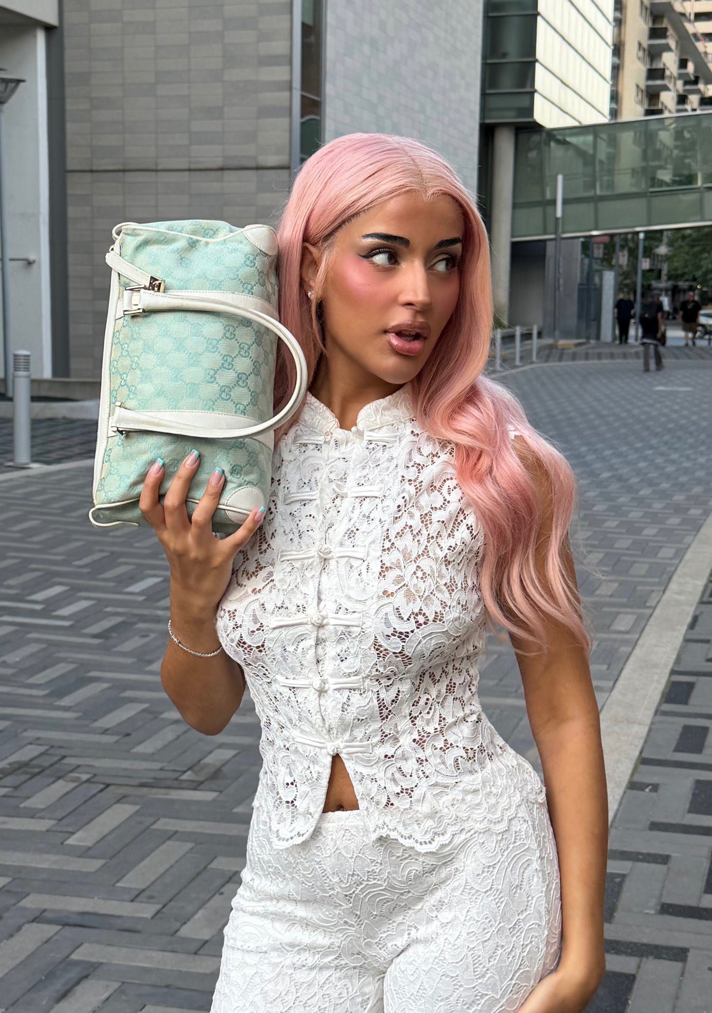 Gucci Aqua and White GG Canvas Boston Bag