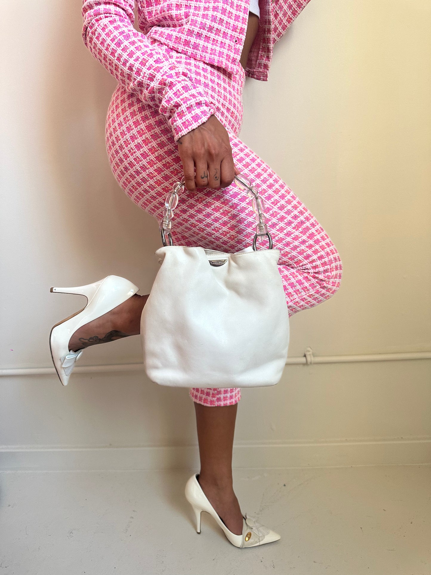 Early 2000s Christian Dior White Leather Lucite Handle Malice Bag