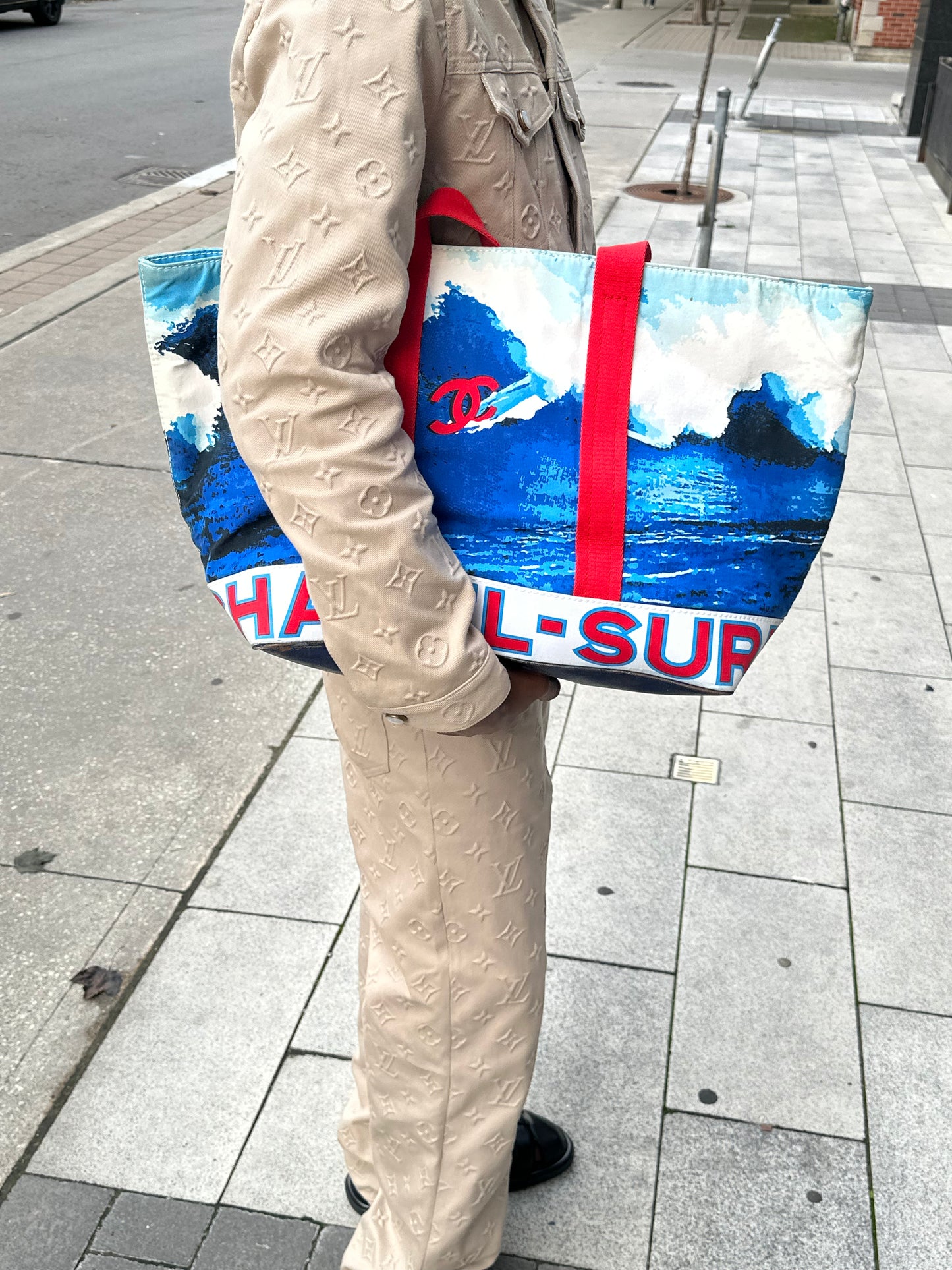 2000s Chanel Surf Line Blue Wave Canvas Tote XL