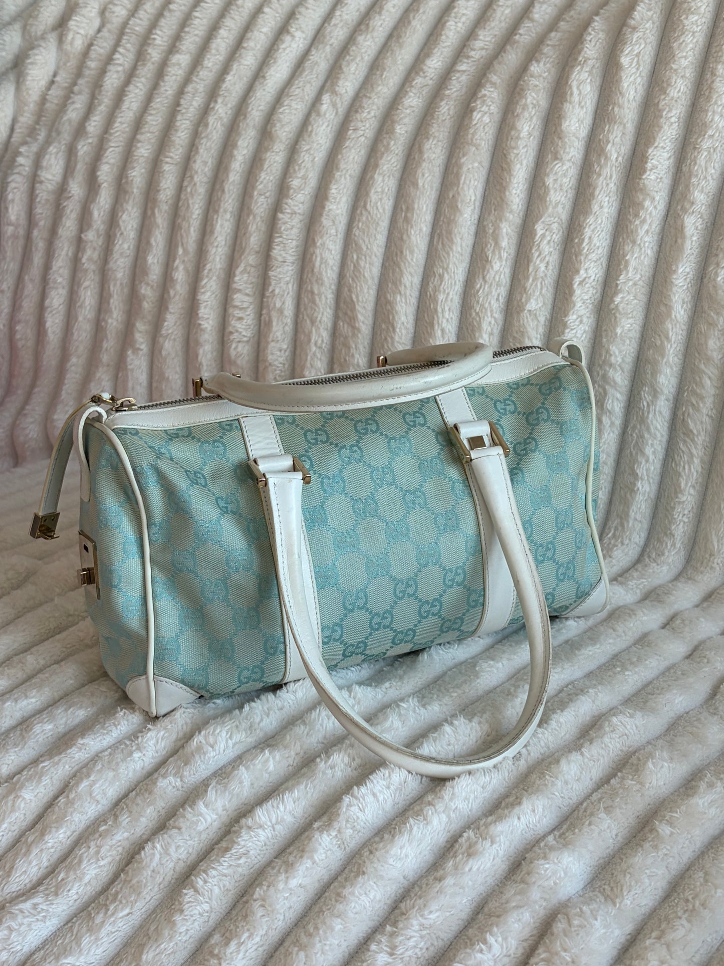 Gucci Aqua and White GG Canvas Boston Bag