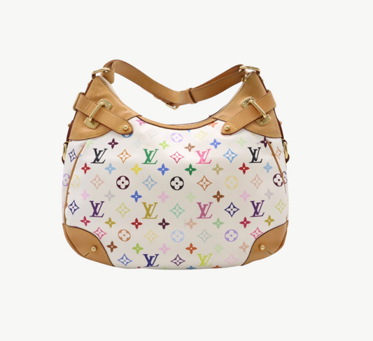Louis Vuitton shoulder bag in white canvas with a colorful monogram pattern and tan leather trim, shown against a plain light background.
