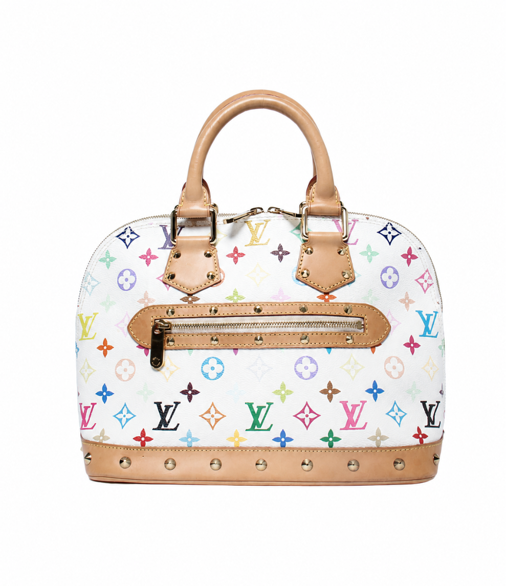 Louis Vuitton monogram handbag in white canvas with multicolor printed monogram motifs and tan leather trim, shown on a plain white background.