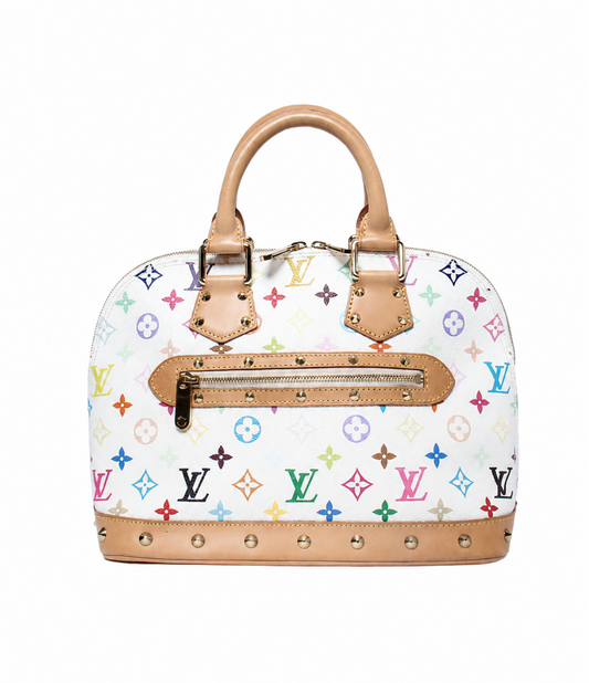 Louis Vuitton monogram handbag in white canvas with multicolor printed monogram motifs and tan leather trim, shown on a plain white background.