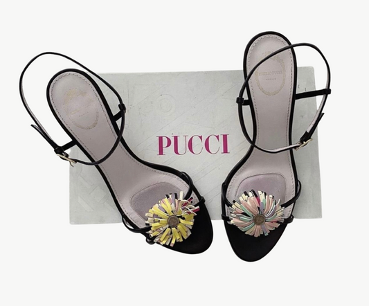 Emilio Pucci Floral Slingback Sandals Black, Size 36