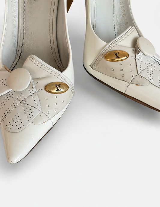 Louis Vuitton White Patent Perforated Kiltie Pumps, Size 38.5