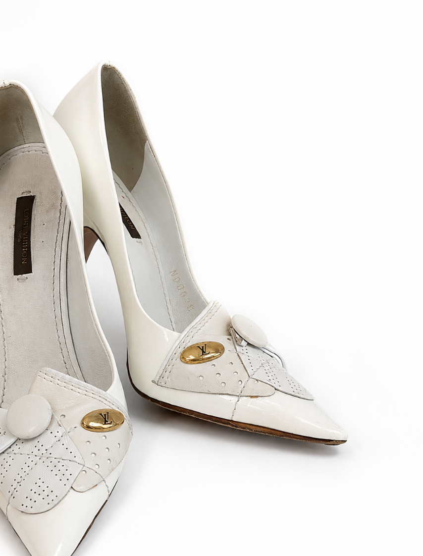 Louis Vuitton White Patent Perforated Kiltie Pumps, Size 38.5