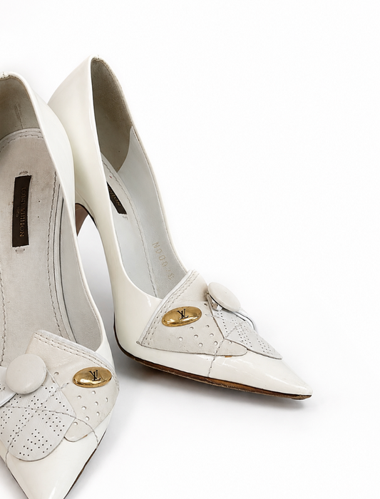 Louis Vuitton White Patent Perforated Kiltie Pumps, Size 38.5