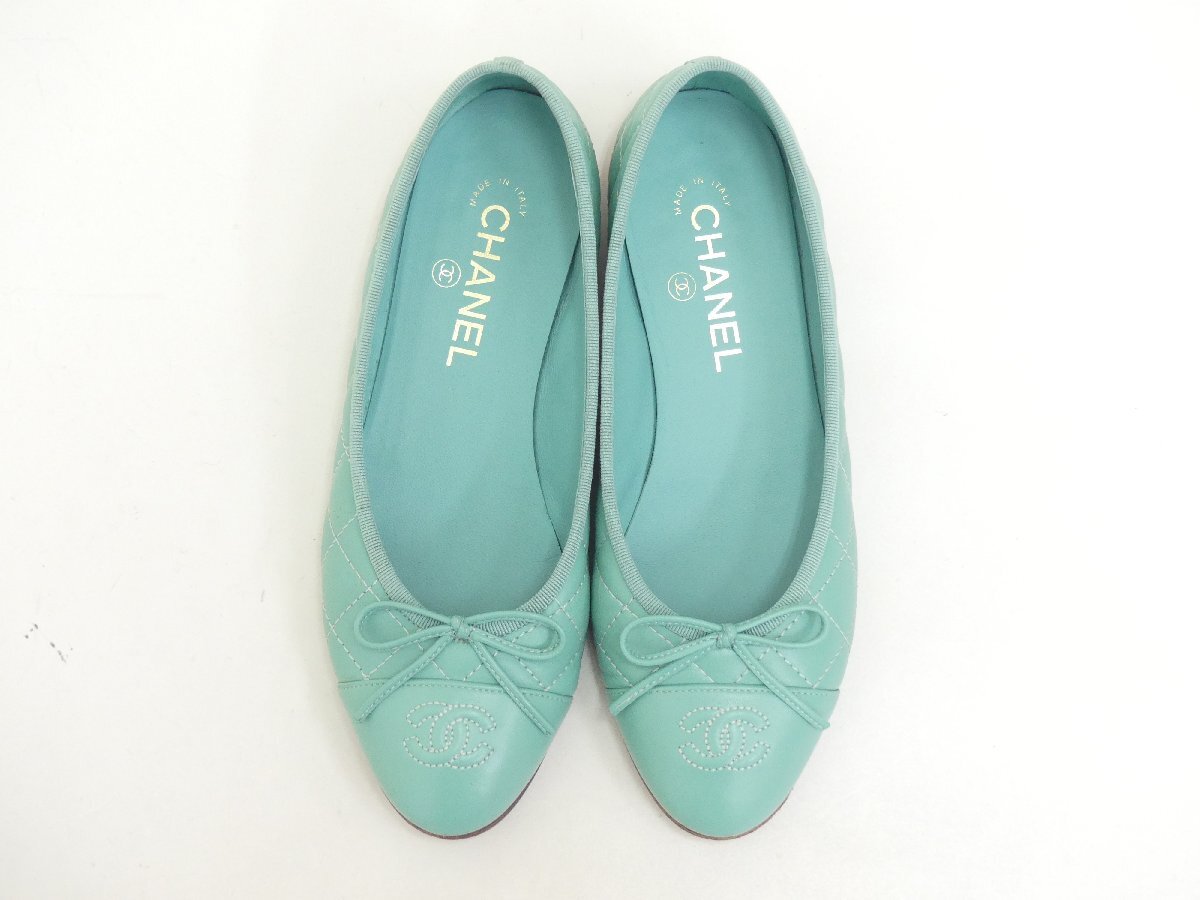 Chanel Mint Quilted Lambskin CC Ballet Flats Size 37.5