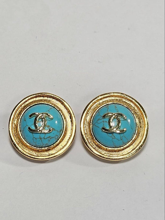 1995 Chanel CC Turquoise Cabochon Clip Earrings 95P, Gold Tone